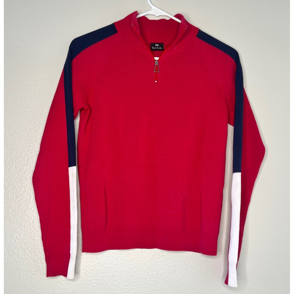 PS Paul Smith Red Ribbed Quarter Zip Sweater Colorblock Sleeve Stripe Mens S